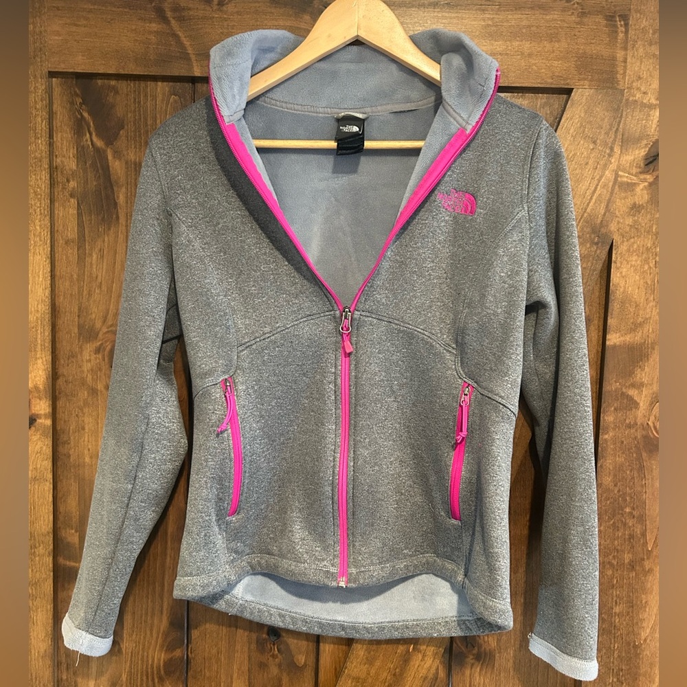 Northface full zip gray fleece with pink zipper, size medium.